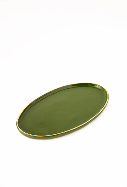 Porcelain Oval Serving Platter with Gold Rim. Green