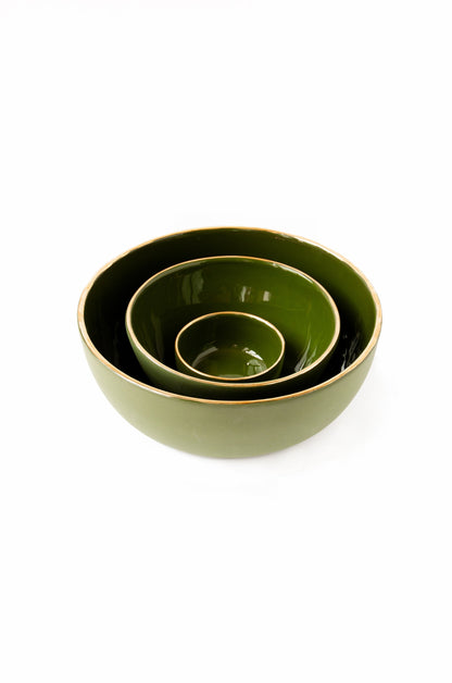 Handmade Porcelain Salad Serving Bowl with Gold Rim. Green